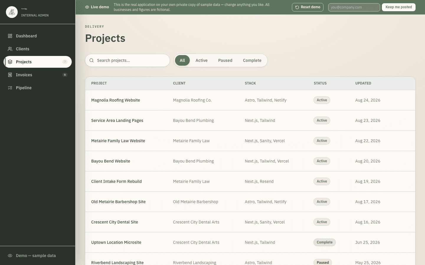 Growth Desk active projects list